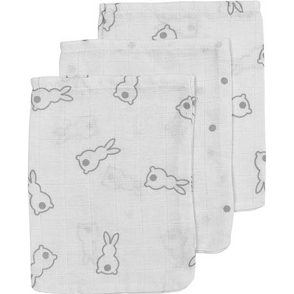 Meyco hydrofiele washandjes Mrs. Keizer Rabbit Silver 3 stuks - konijnenprint wit/zilver