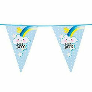 Een leuke geboorteslinger met de tekst Baby Boy op de vlaggetjes. Daarnaast is het vlaggetje voorzien van een printje van een eendje, regenboog & een wolkje.