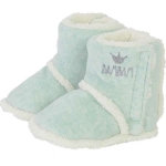 Wollige, warme slofjes in mint melee, gevoerd met zacht nepbont. De sluiting is van klitteband. Logo van BamBam is op de zijkant geborduurd in het grijs.
