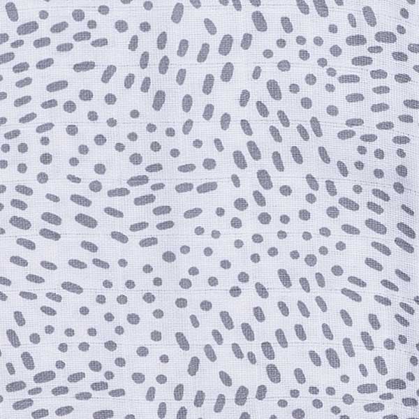 Een mooie en makkelijke hydrofiele zomer slaapzak van Briljant Baby in het design Minimal Grey White. Een witte slaapzak met grijze stippen. De rits, hals en opening voor de armen zijn afgezet met een grijze bies.