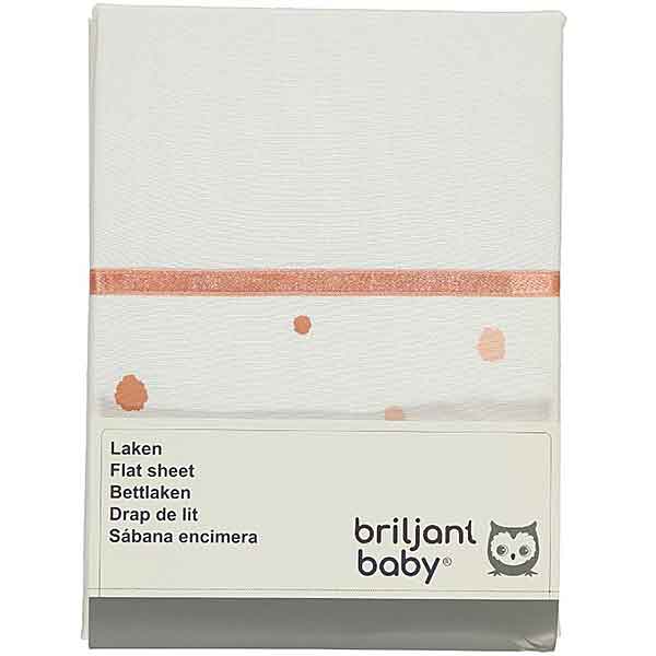 Dit geweldig mooie laken van het kwaliteitsmerk Briljant Baby is gemaakt van hoge kwaliteit katoen en is voorzien van leuke details. Het lakentje heeft een terra satijnen bies met daaronder terra stippen
