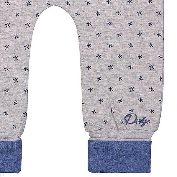 Een leuk grijs broekje met blauwe sterren uit de collectie Stars van Dirkje Babywear. Elastische grijze tailleband met blauw koordje. Boorden pijpjes zijn blauw.