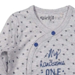 Een leuk grijs overslagshirtje met lange mouwen van het merk Dirkje. Het shirtje heeft een sterrenbedrukking in het blauw en de tekst: 'My handsome one'. Boorden van de mouwen zijn afgezet met een blauwe bies.