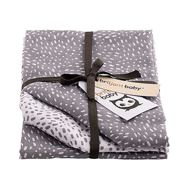 Hydrofiele multidoeken of luiers van Briljant Baby van het design Minimal Grey - Grijs. Bestaand uit 2 designs: 1x wit met grijze stippen & 2x grijs met witte stippen.