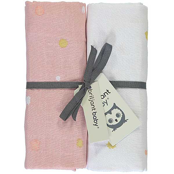 Handige en zachte hydrofiele swaddles/multidoek van Briljant Baby met het design Sunny Pink. In 2 verschillende uitvoeringen. De doeken hebben het formaat 120 x 120 cm.