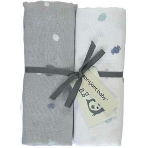 Handige en zachte hydrofiele swaddles/multidoek van Briljant Baby met het design Sunny Grey. In 2 verschillende uitvoeringen. De doeken hebben het formaat 120 x 120 cm.