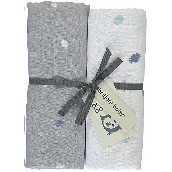 Handige en zachte hydrofiele swaddles/multidoek van Briljant Baby met het design Sunny Grey. In 2 verschillende uitvoeringen. De doeken hebben het formaat 120 x 120 cm.