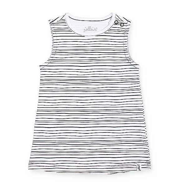 Een leuk mouwloos jurkje in het wit met fijne zwarte streepjes. Dit jurkje komt uit de collectie Stripes van Jollein. Heerlijk voor de warme dagen.