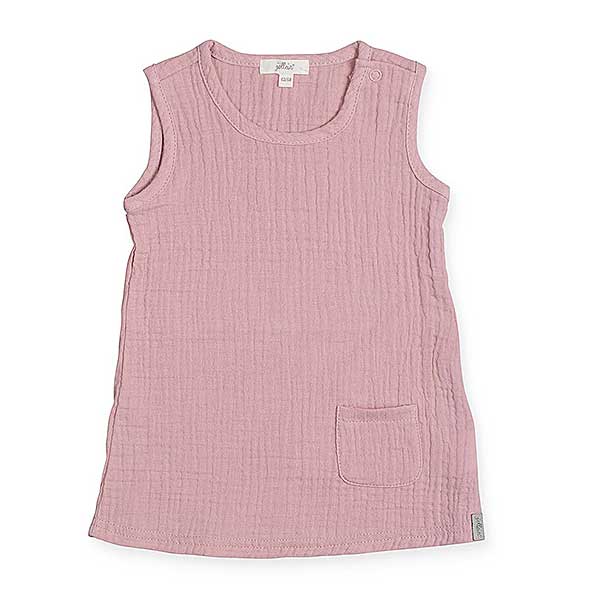 Mooi roze jurkje van biologisch hydrofiel katoen. Het jurkje is gemaakt van 'gekreukelde' stof. Je vindt het jurkje in de Cotton wrinkled collectie van Jollein.