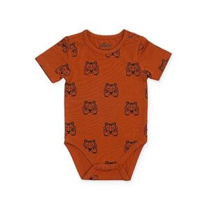 Een leuk roestbruine rompertje met korte mouwen uit de collectie Wild Animals Tiger Rust van Jollein. Romper heeft een zwarte print van een tijgerhoofd. 