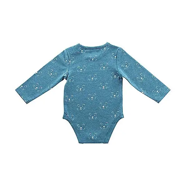 Een leuke romper met lange mouwen in een blauwe kleur. Het rompertje heeft printjes van een leeuwengezichtje in de kleur wit.