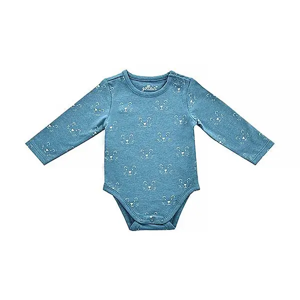 Een leuke romper met lange mouwen in een blauwe kleur. Het rompertje heeft printjes van een leeuwengezichtje in de kleur wit.