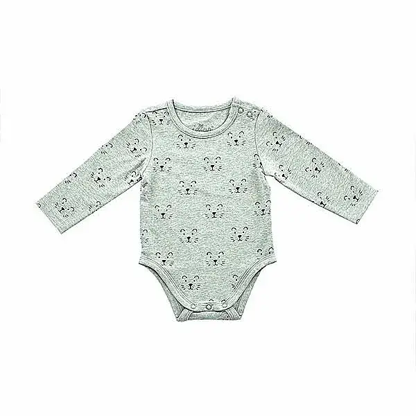 Een leuk grijs rompertje met lange mouwen. Het rompertje is bedrukt met gezichtjes van een leeuw en komt uit de collectie Little Lion Grey van Jollein.