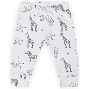 Een leuk wit broekje met een dierenprint in het zwart uit de collectie Safari van Jollein. De dierenprint bestaat uit olifanten, giraffes, leeuwen en zebra's. Het broekje heeft een elastische band met koordje.