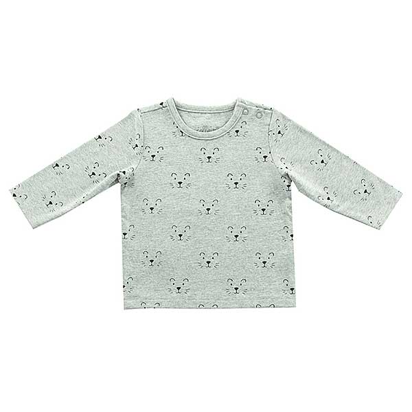 Leuk grijs shirtje met lange mouwen van Jollein uit de collectie Little Lion Grey. Het shirtje heeft een zwarte bedrukking van leeuwengezichtjes. Gemaakt van biologisch katoen.