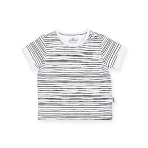 Mooi zomer shirtje voor baby's met toffe print van Jollein. Het witte shirtje heeft een leuke opdruk met zwarte streepjes en komt uit de collectie Stripes van Jollein.