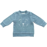 Een heerlijke zachte trui in de kleur blauw. De trui heeft lange mouwen en op de voorkant is een leuk leeuwen gezichtje geborduurd, Deze trui komt uit de Little Lion Teal Velour collectie van Jollein.