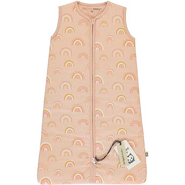 Een mooie en makkelijke slaapzak zonder mouw van Briljant Baby in het design Rainbow Pink. Deze slaapzak heeft een leuke print van regenboogjes in de kleuren roze, wit & okergeel.