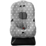 Hier vindt je de mooie autostoelhoes van Thijs Grijs uit de collectie van Briljant Baby in de kleur grijs. De hoes heeft een mooie print van witte sterren.