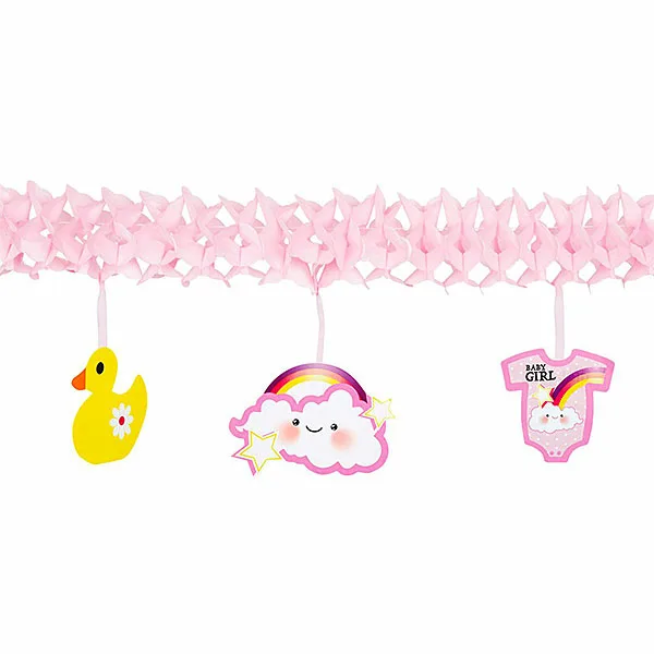 Een leuke slinger voor een babyshower of als aankondiging dat je kleintje is geboren. De slinger is roze van kleur en heeft verschillende figuurtjes onder de slinger hangen