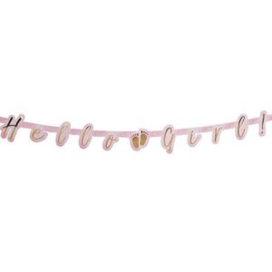 Met deze letterslingers breng jij de kamer in de juiste sfeer voor de babyshower of kraamfeest. De slinger is roze met goud en voorzien van de tekst Hello Girl en 2 kleine voetjes. 