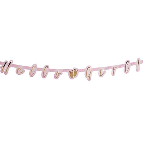 Met deze letterslingers breng jij de kamer in de juiste sfeer voor de babyshower of kraamfeest. De slinger is roze met goud en voorzien van de tekst Hello Girl en 2 kleine voetjes. 