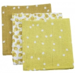 Hydrofiele monddoekjes van Briljant Baby van het design Spots Oker. Bestaand uit 3 designs: 1x wit met gele stippen, 1x geel met witte stippen & 1x okergeel met witte stippen.