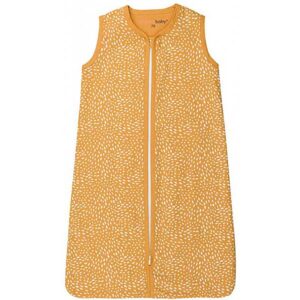 Een mooie en makkelijke slaapzak van Briljant Baby in het design Minimal Ochre. Een okergele slaapzak met witte stippen en okergele biezen.