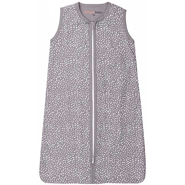 Een mooie en makkelijke slaapzak van Briljant Baby in het design Minimal Grey. Een grijze slaapzak met witte stippen en grijze biezen.