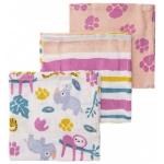 De hydrofiele monddoekjes Jungle Dusk Pink van het merk Briljant Baby zijn erg zacht. Set bestaat uit 3 verschillende soorten monddoekjes: 1x wit met strepen, 1x wit met luiaards & 1x roze met pootafdrukjes.