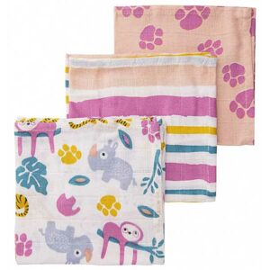 De hydrofiele monddoekjes Jungle Dusk Pink van het merk Briljant Baby zijn erg zacht. Set bestaat uit 3 verschillende soorten monddoekjes: 1x wit met strepen, 1x wit met luiaards & 1x roze met pootafdrukjes.