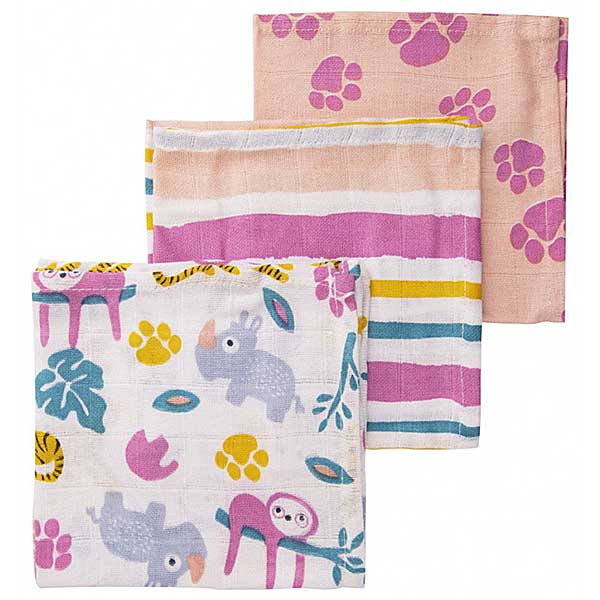 De hydrofiele monddoekjes Jungle Dusk Pink van het merk Briljant Baby zijn erg zacht. Set bestaat uit 3 verschillende soorten monddoekjes: 1x wit met strepen, 1x wit met luiaards & 1x roze met pootafdrukjes.