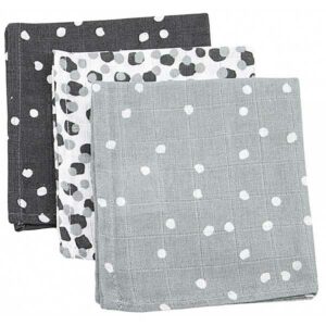 Hydrofiele monddoekjes van Briljant Baby van het design Spots Iron. Bestaand uit 3 designs: 1x wit met grijze stippen, 1x grijs met witte stippen & 1x antraciet met witte stippen.