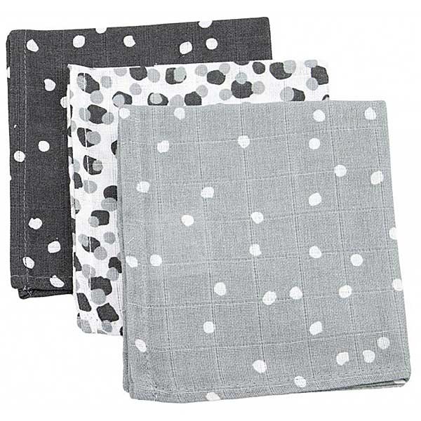 Hydrofiele monddoekjes van Briljant Baby van het design Spots Iron. Bestaand uit 3 designs: 1x wit met grijze stippen, 1x grijs met witte stippen & 1x antraciet met witte stippen.