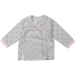 Een schattige grijs overslagshirtje van het merk Dirkje.  Het shirtje heeft roze biezen aan de mouwen, roze drukkers en stiksel. Bedrukt met roze & blauwe sterren. De overslag is afgezet met een rucherand. 