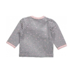 Een lief shirtje met lange mouw. Het grijze shirt heeft een roze bies bij de hals & mouwen, blauwe strepen, roze sterren en een lieve tekst in het zilver. Gemaakt van katoen.