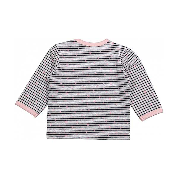 Een lief shirtje met lange mouw. Het grijze shirt heeft een roze bies bij de hals & mouwen, blauwe strepen, roze sterren en een lieve tekst in het zilver. Gemaakt van katoen.