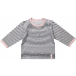 Een lief shirtje met lange mouw. Het grijze shirt heeft een roze bies bij de hals & mouwen, blauwe strepen, roze sterren en een lieve tekst in het zilver. Gemaakt van katoen. 