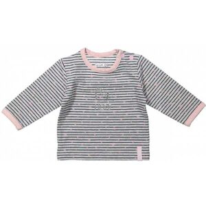 Een lief shirtje met lange mouw. Het grijze shirt heeft een roze bies bij de hals & mouwen, blauwe strepen, roze sterren en een lieve tekst in het zilver. Gemaakt van katoen. 