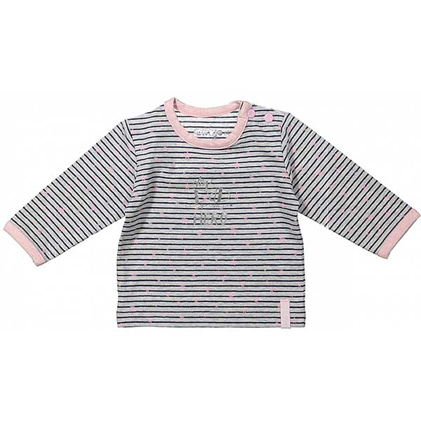 Een lief shirtje met lange mouw. Het grijze shirt heeft een roze bies bij de hals & mouwen, blauwe strepen, roze sterren en een lieve tekst in het zilver. Gemaakt van katoen.