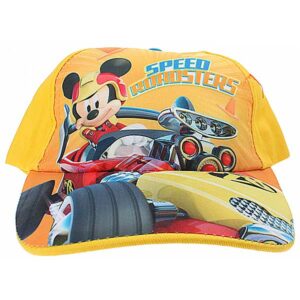 Een leuke gele pet met Mickey Mouse in een raceauto afgebeeld op de voorkant en op de klep. De pet is aan de achterzijde verstelbaar met klittenband. Pet heeft blauwe accenten.