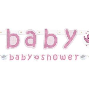 Haza kartonnen letterslinger Baby Shower - tekst/figuurtjes roze/wit - 160 cm