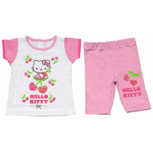 Een leuke kledingsetje bestaand uit een korte broek en een shirtje met korte mouw met Hello Kitty er op. Het shirtje is overwegend wit met roze bedrukking en het broekje roze met kleine bedrukking. 