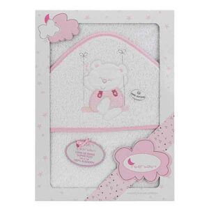 Interbaby badcape badstof Beertje 100 x 100 cm - geborduurd beertje wit/roze