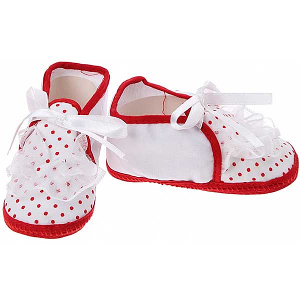 rood witte babyschoenen voor pasgeboren baby met stippen en kanten randje