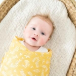 Handige hydrofiele swaddle of multidoek uit de collectie Organic Botanic van Briljant Baby. Dit setje bestaat uit 2 stuks: 1x wit met gele opdruk en 1x geel met witte opdruk.