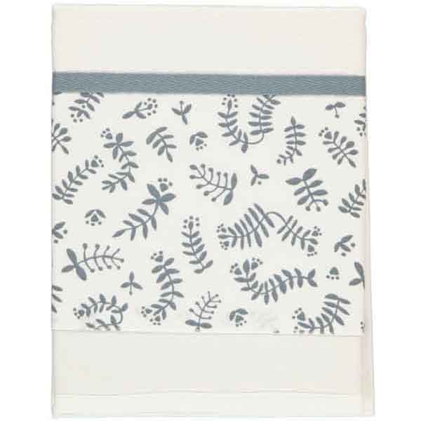 Dit mooie witte lakentje met een blauwgrijze print van diverse takjes op de omslag van het lakentje. Het lakentje heeft boven de print een mooie bies.