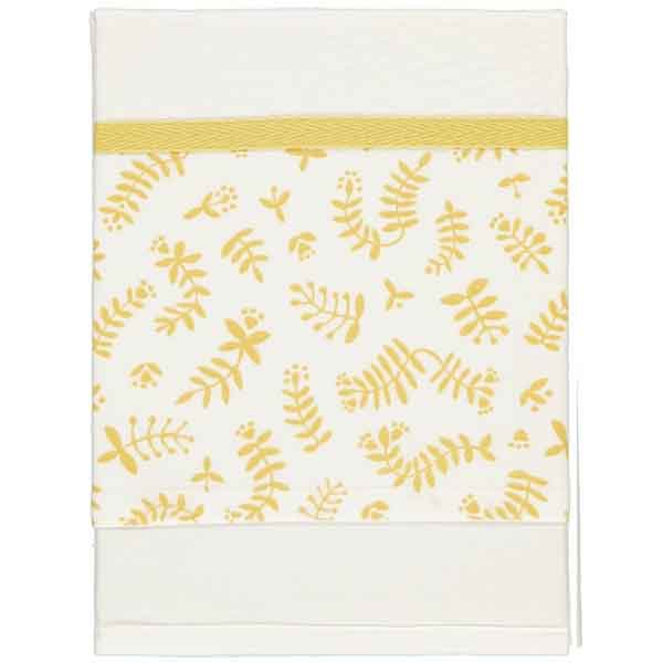 Dit mooie witte lakentje met een gele print van diverse takjes op de omslag van het lakentje. Het lakentje heeft boven de print een mooie bies.