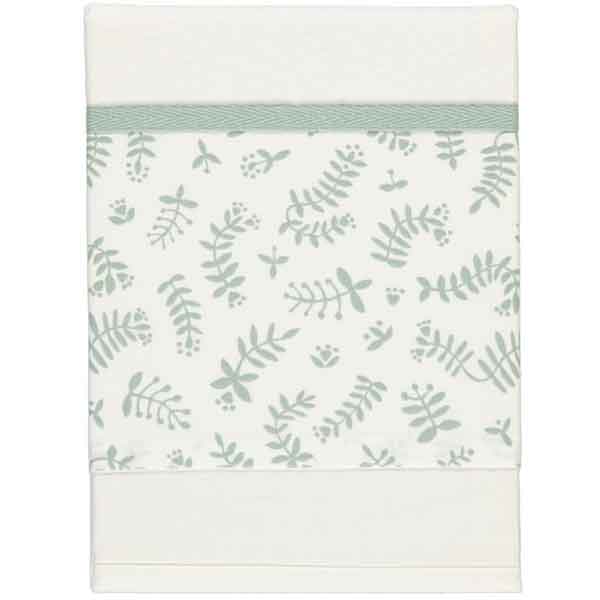 Dit mooie witte lakentje met een groen print van diverse takjes op de omslag van het lakentje. Het lakentje heeft boven de print een mooie bies.