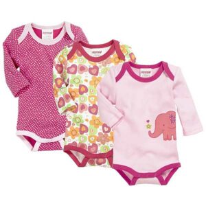 Een leuke set van 3 rompertjes met verschillende designs. Fuchsia met witte stippen, roze met een olifant & witte met gekleurde hartjes. Alle rompers zijn afgezet met een gekleurde bies.